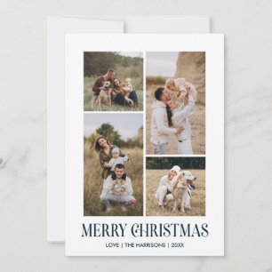 Simple Merry Christmas 4 Photo Collage   BLUE Holiday Card