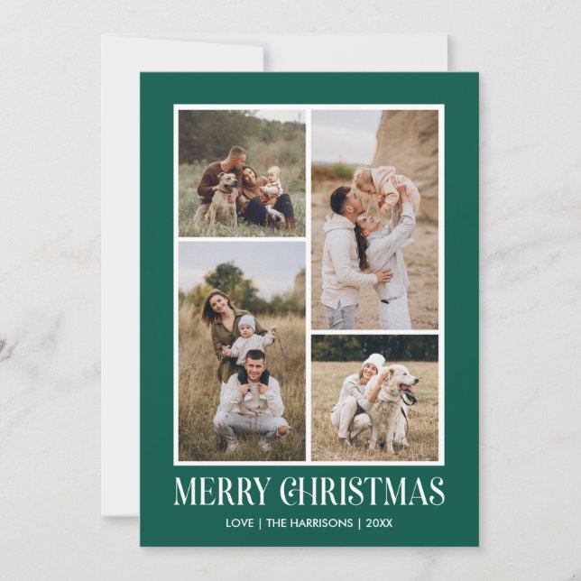 Simple Merry Christmas 4 Photo Collage | GREEN Holiday Card (Front)