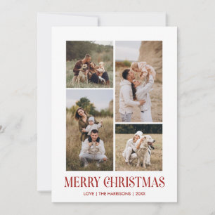Simple Merry Christmas 4 Photo Collage RED Holiday Card