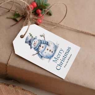 Simple Merry Christmas Blue Watercolor Snowman  Gift Tags