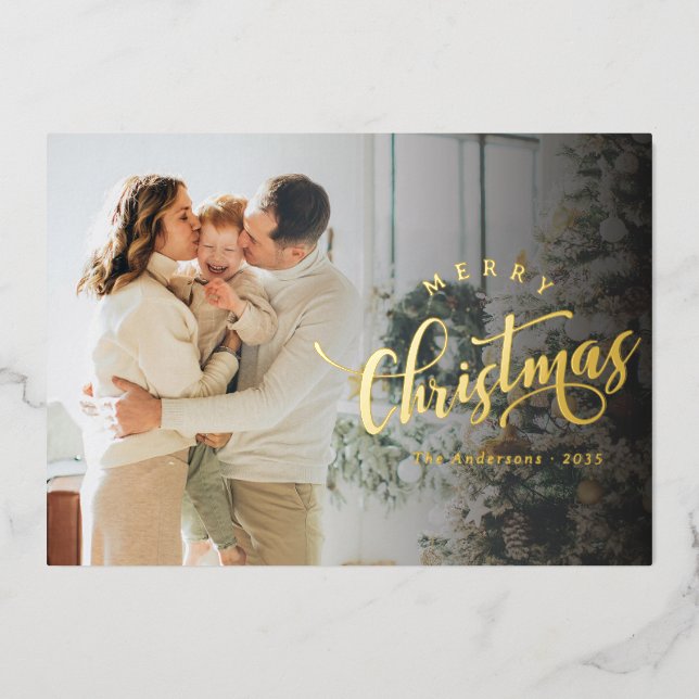 Simple Merry Christmas Calligraphy Script Photo Foil Holiday Card (Front)