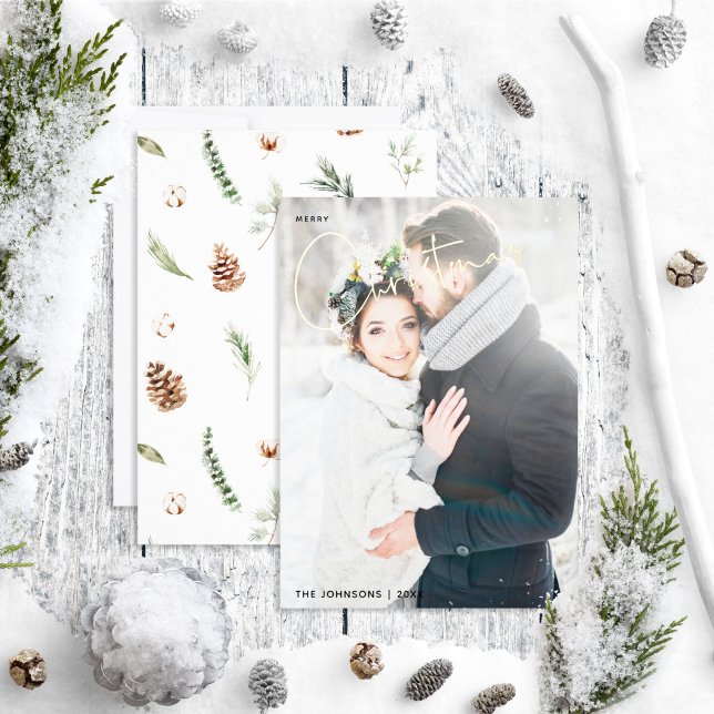 Simple Merry Christmas Cotton Winter Wedding Photo Foil Holiday Card (Creator Uploaded)