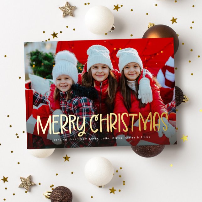 Simple Merry Christmas cute fun one photo Foil Holiday Card (Creator Uploaded)