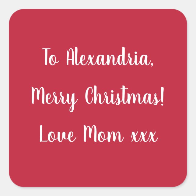 Simple Merry Christmas from Mom Red and White Square Sticker (Front)