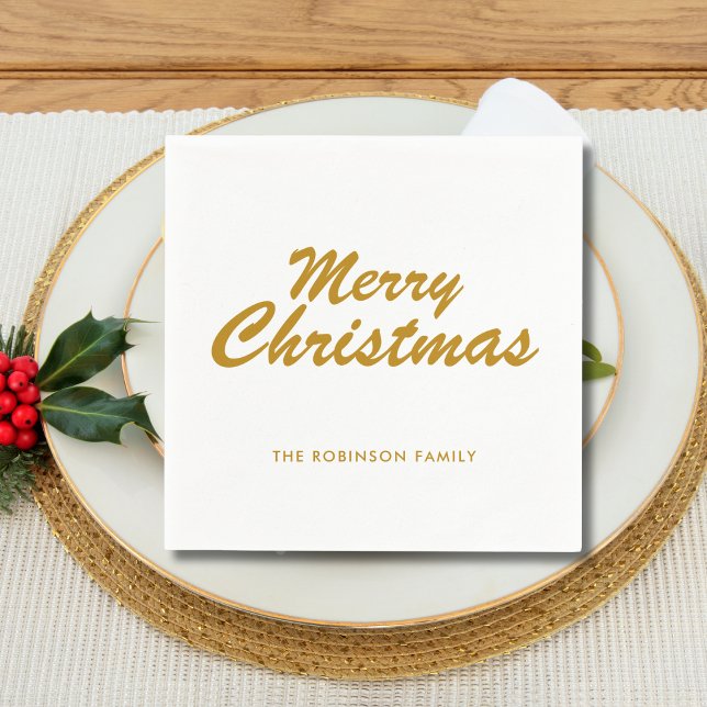 Simple Merry Christmas Gold Casual Script Paper Napkin (Creator Uploaded)