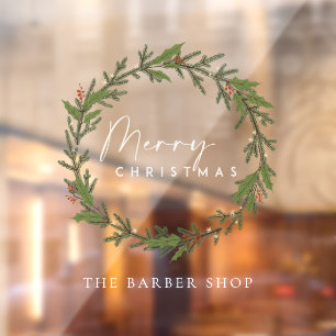 Simple Merry Christmas Pine Berries Green Wreath   Window Cling