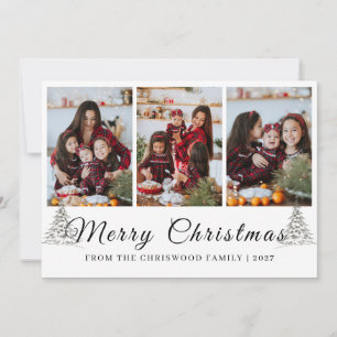 Simple Merry Christmas Pine Tree family 3 photo Holiday Card