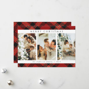 Simple Merry Christmas Red Tartan Plaid Photo Holiday Card