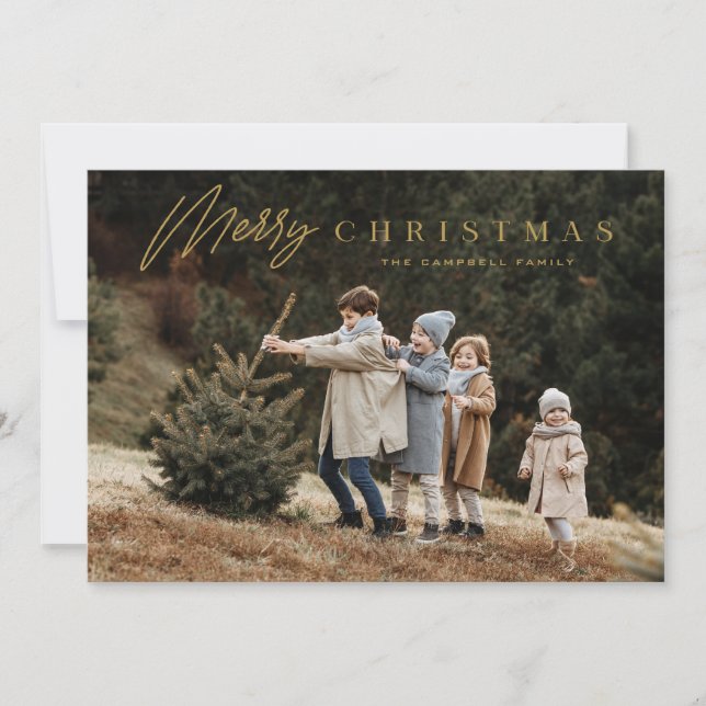 Simple Merry Christmas Script 3 Photo  Holiday Card (Front)
