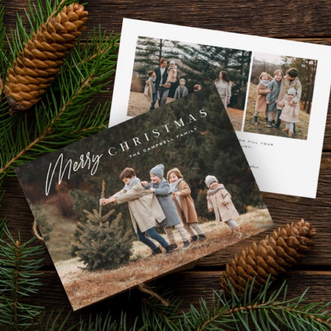 Simple Merry Christmas Script 3 Photo  Holiday Card (Simple script merry christmas full bleed photo christmas holiday card.)