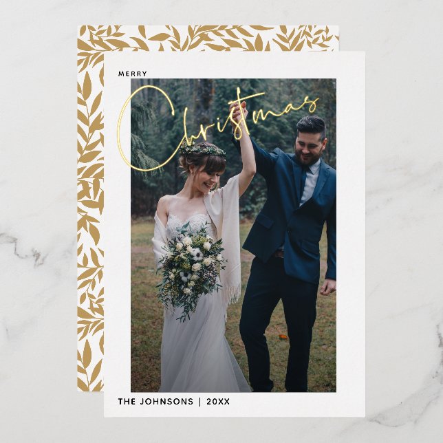Simple Merry Christmas Script Wedding Photo  Foil Holiday Card (Front/Back)