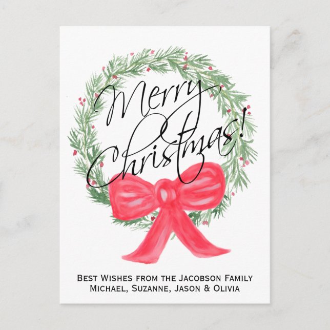 Simple Merry Christmas Watercolor Wreath Holiday Postcard (Front)