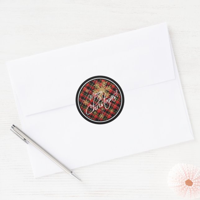 Simple Merry Christmas Wish Tartan Pattern Classic Classic Round Sticker (Envelope)
