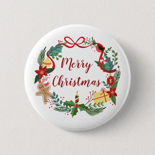 Simple Merry Christmas Wreath | Pin Button (Front)