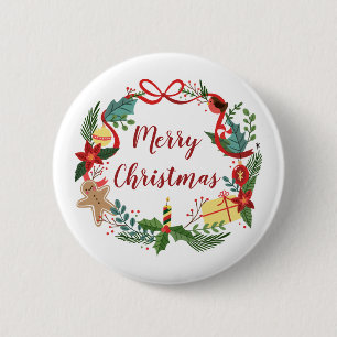 Simple Merry Christmas Wreath   Pin Button