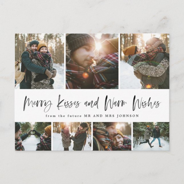Simple Merry Kisses Warm Wishes Save The Date Grid Holiday Postcard (Front)
