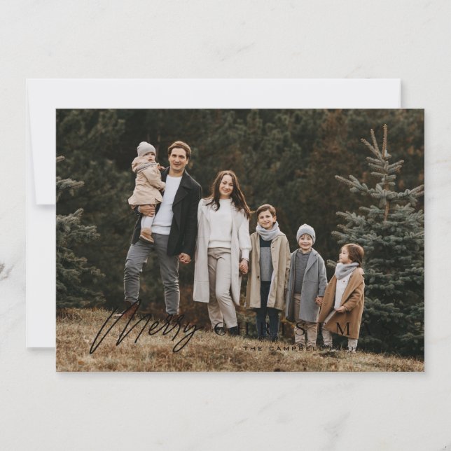 Simple Merry Script 3 Photo Christmas Holiday Card (Front)