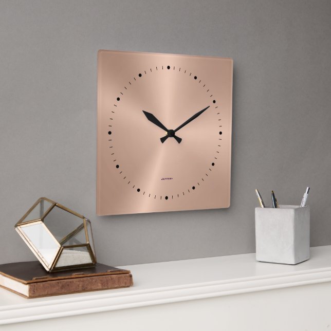 Simple Metallic Rose-Gold-Stainless Steel Look Square Wall Clock (Office)