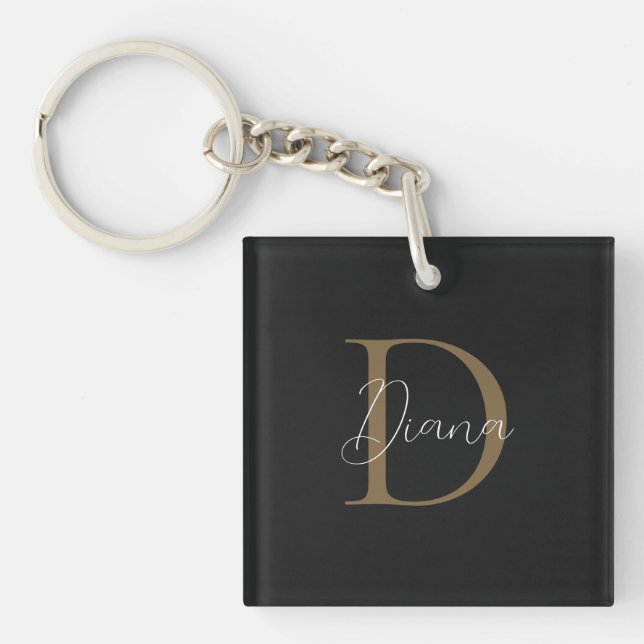 Simple Midnight Black Mossy Gold Script Monogram Keychain (Front)