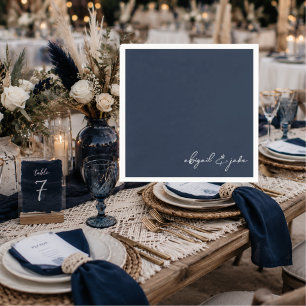 Simple Midnight Navy White Script Names Wedding Napkin