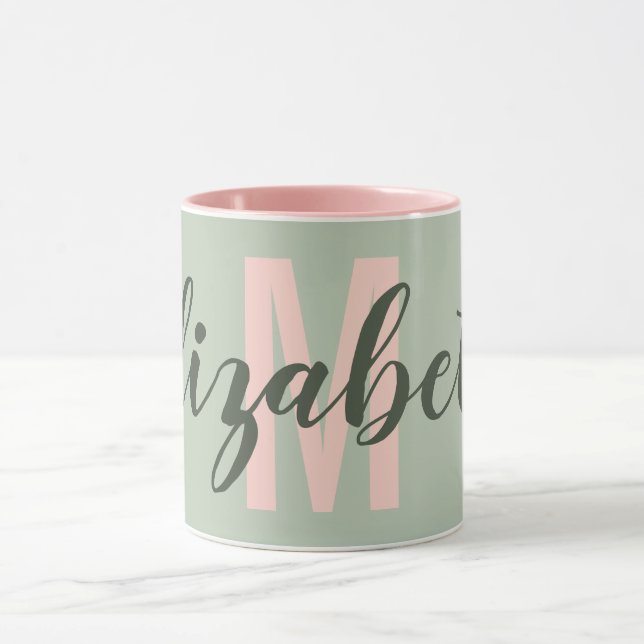 Simple Military Light Green Blush Pink Monogram Mug (Center)