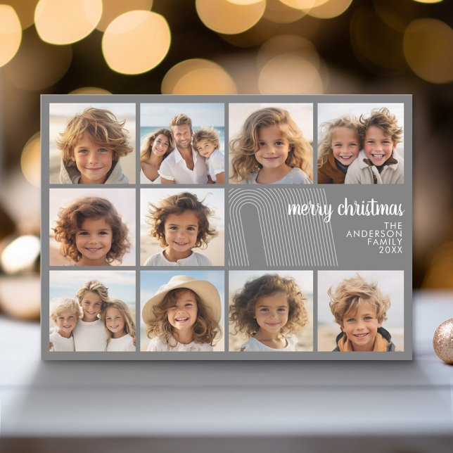 Simple Minimal - 10 Photo - Zen Arch Grey White Holiday Card (Modern Holiday Greeting Card with a Family Photo)