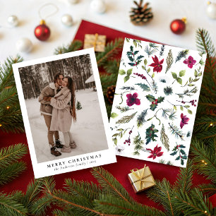 Simple Minimal 1 Photo Botanical Merry Christmas Holiday Card