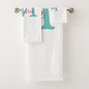 simple minimal add name monogram green pink blue t bath towel set