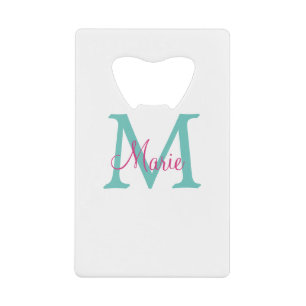 simple minimal add name monogram green pink blue t credit card bottle opener