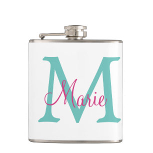 simple minimal add name monogram green pink blue t hip flask