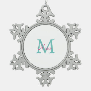 simple minimal add name monogram green pink blue t snowflake pewter christmas ornament