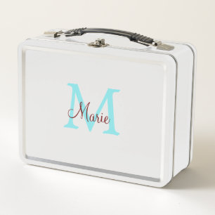 simple minimal add name monogram pink red   throw  metal lunch box