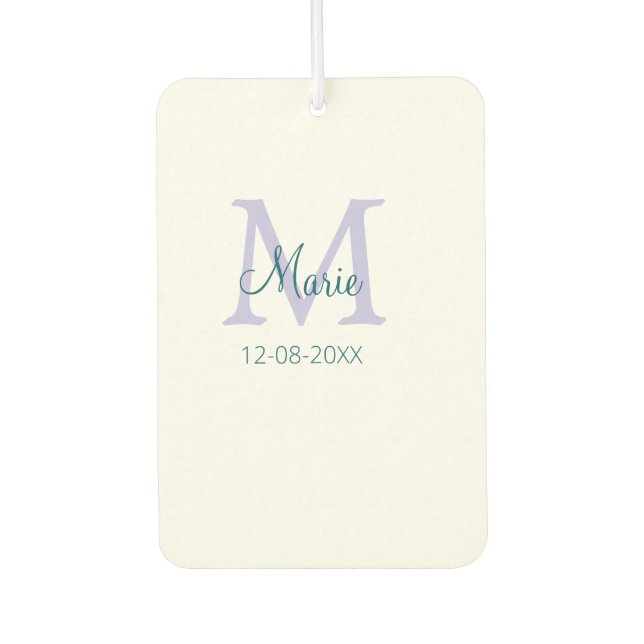 simple minimal add name monogram purple green date air freshener (Front)