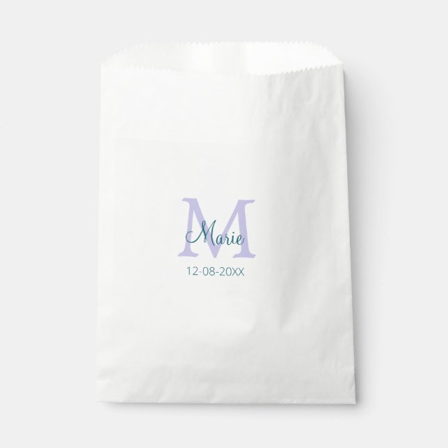 simple minimal add name monogram purple green date favour bag (Front)