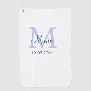 simple minimal add name monogram purple green date golf towel
