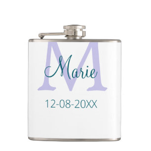 simple minimal add name monogram purple green date hip flask