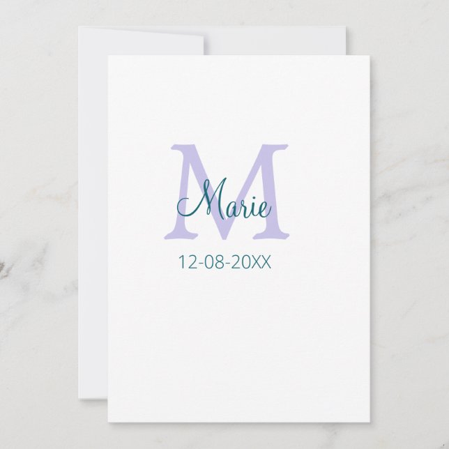 simple minimal add name monogram purple green date invitation (Front)