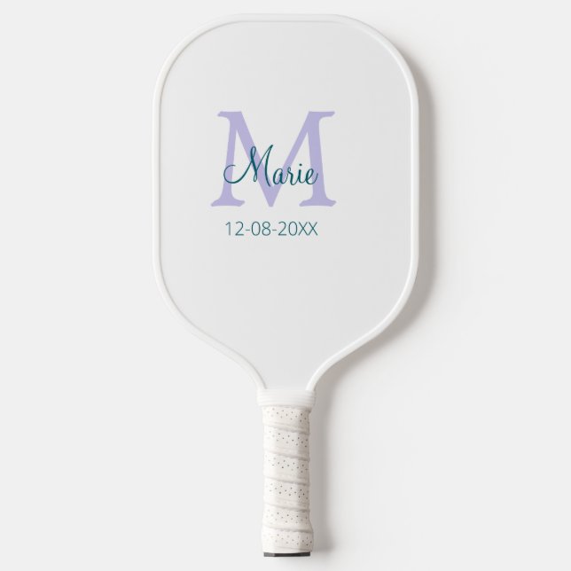 simple minimal add name monogram purple green date pickleball paddle (Front)