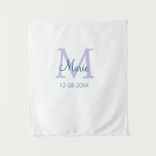 simple minimal add name monogram purple green date tapestry (Front)