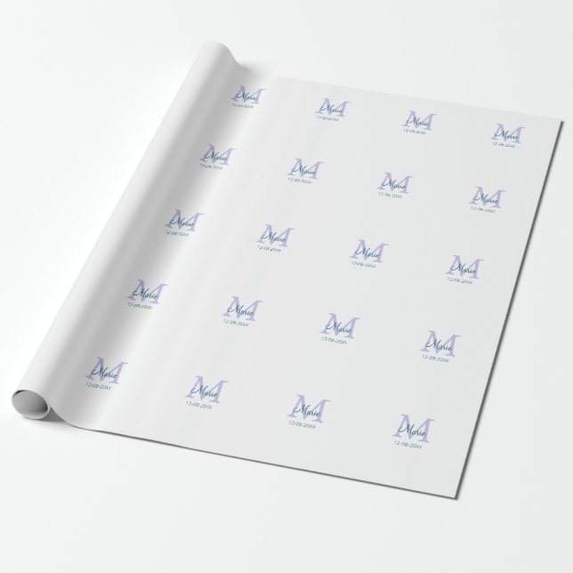 simple minimal add name monogram purple green date wrapping paper (Unrolled)