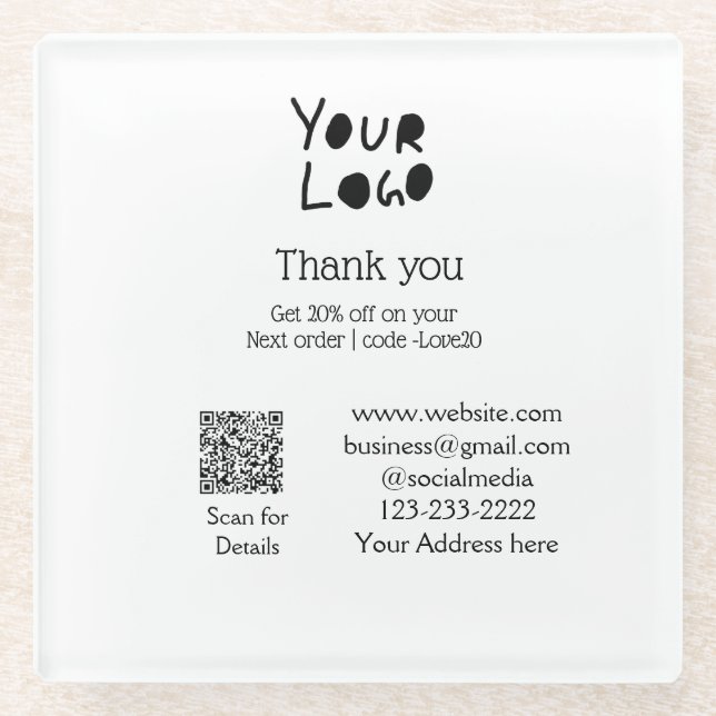 simple minimal add your logo/design here text Q R Glass Coaster (Front)