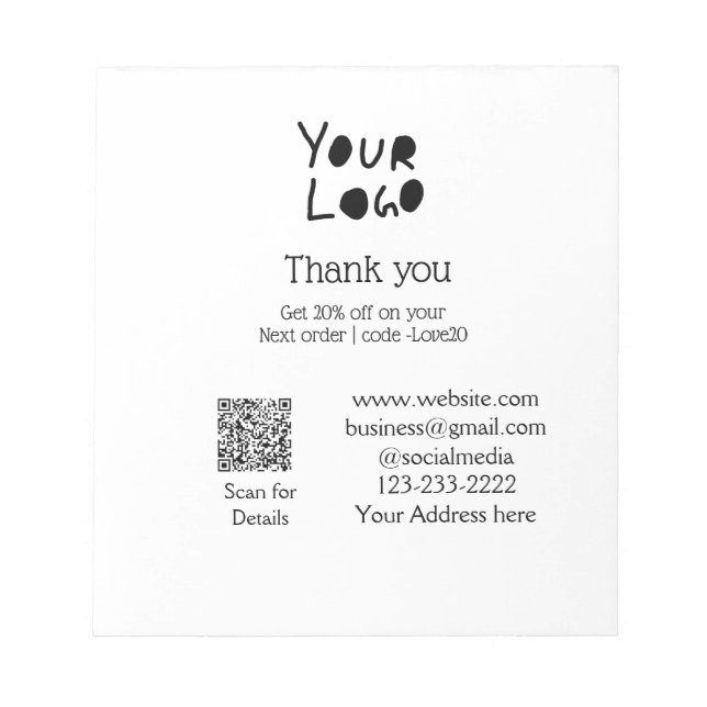 simple minimal add your logo/design here text Q R Notepad (Front)