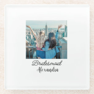 simple minimal add your name photo bridesmaid name glass coaster