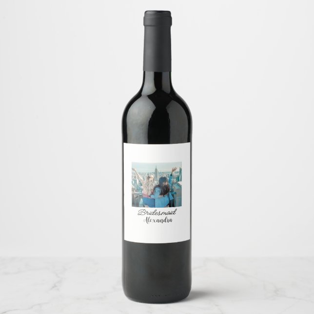 simple minimal add your name photo bridesmaid name wine label (Front)