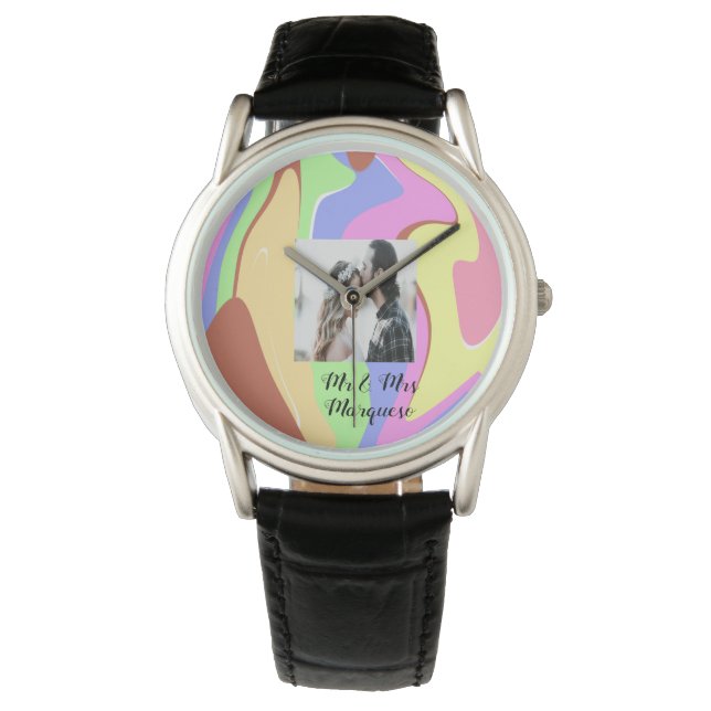 simple minimal add your name photo pink blue green watch (Front)