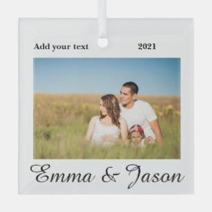 simple minimal add your name photo year watercolor glass ornament