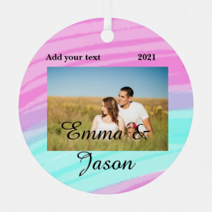 simple minimal add your name photo year watercolor metal ornament