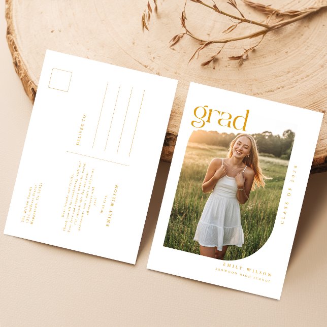 Simple Minimal Arch Photo Gold Script Graduation Postcard (Creator Uploaded)