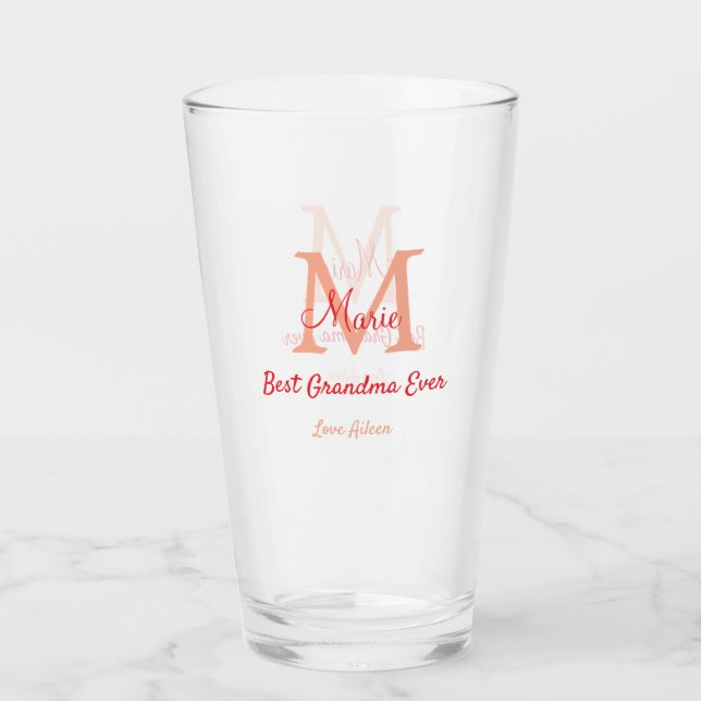 simple minimal best Grandma ever red monogram text Glass (Front)