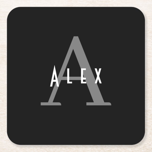 Simple Minimal Black and White Monogram Initial Square Paper Coaster (Front)